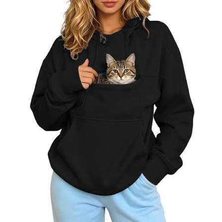 Pouch Pet Hoodie in Black, with a cat in the pouch